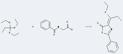 Triethyl orthopropionate can react with N-benzoyl-glycine to produce 4-(1-ethoxy-propylidene)-2-phenyl-4H-oxazol-5-one